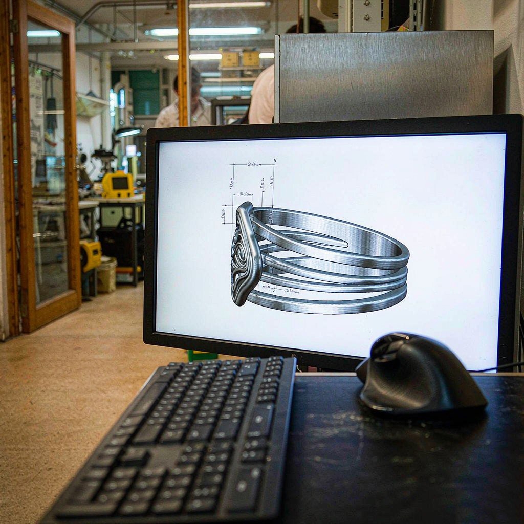 CAD workstation showing a three-dimensional jewellery model