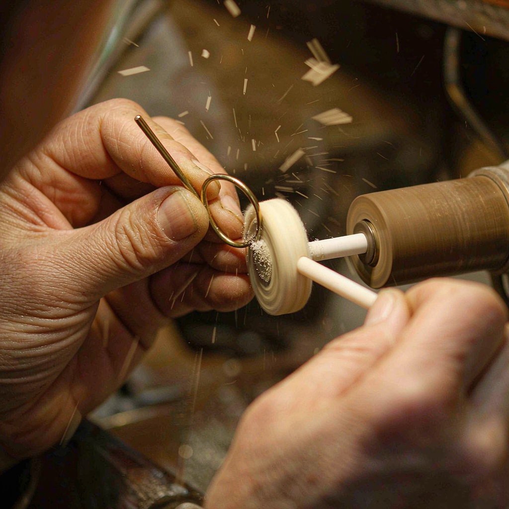 Polishing a gold ring on a cotton buff by hand