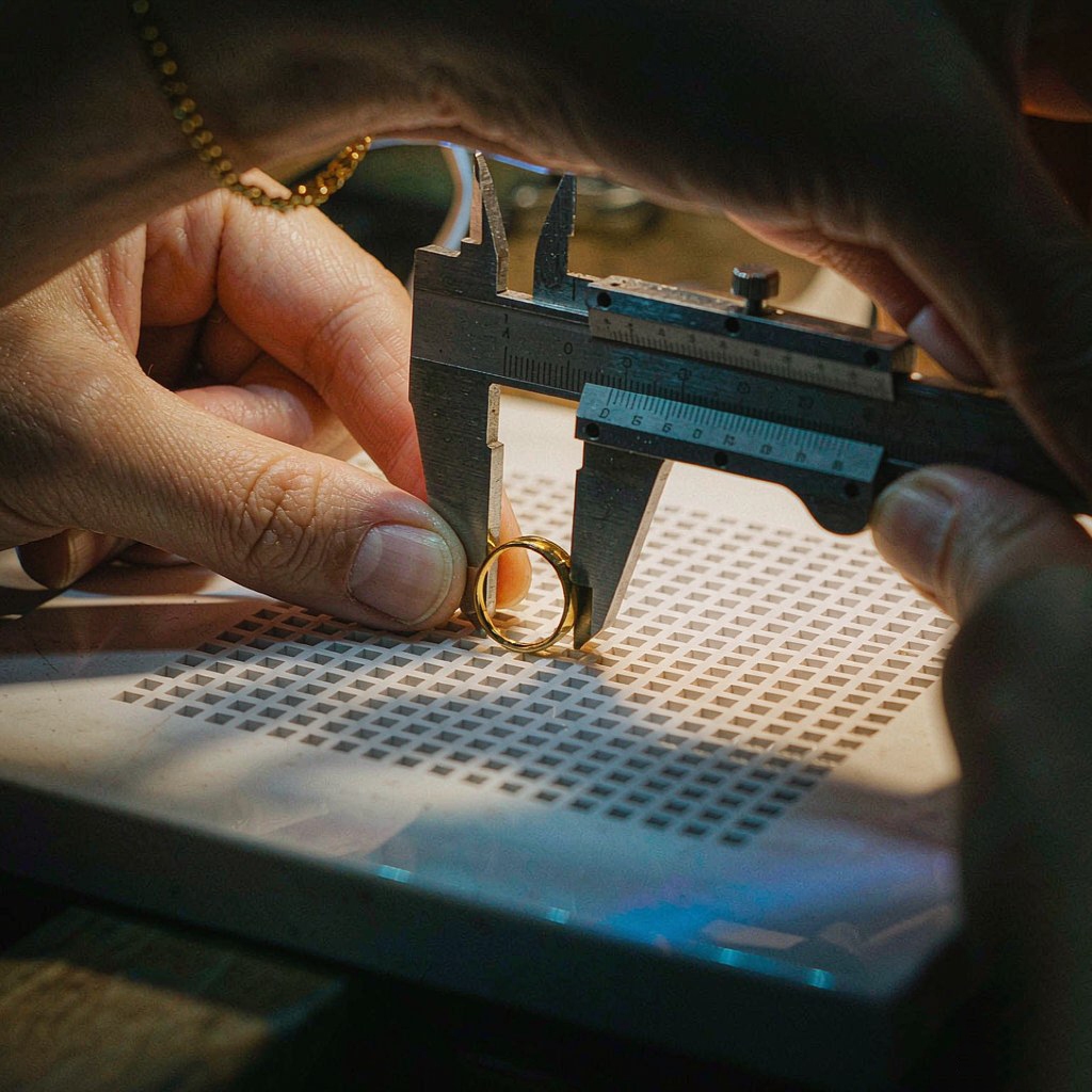 Measuring a finished gold ring against a caliper