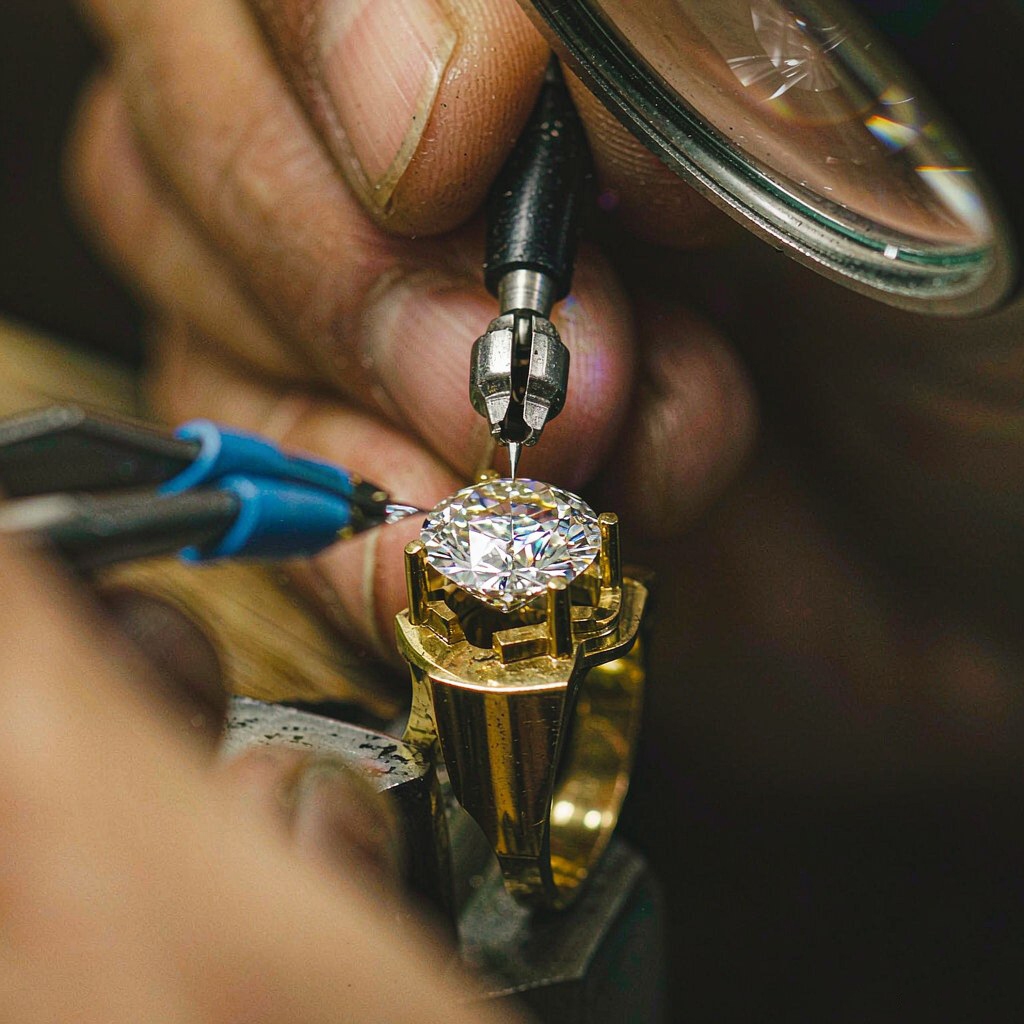 Setting a round brilliant diamond into a gold seat