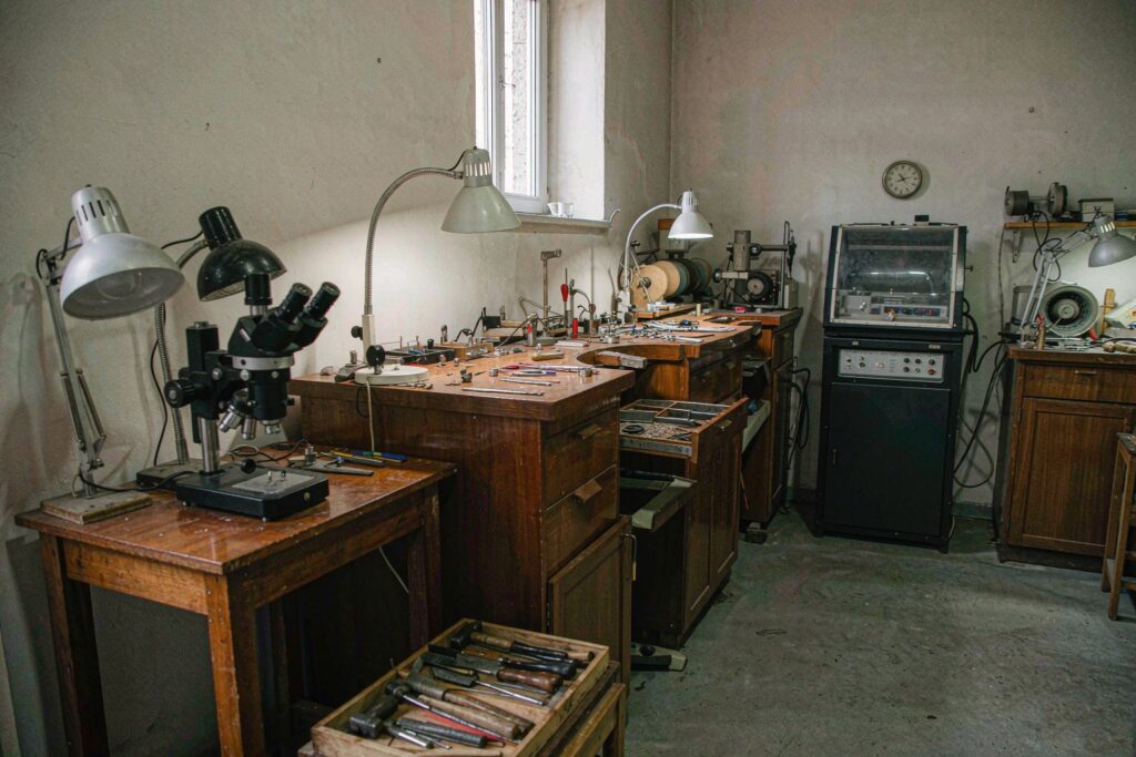 Jewellery workshop interior with benches and equipment